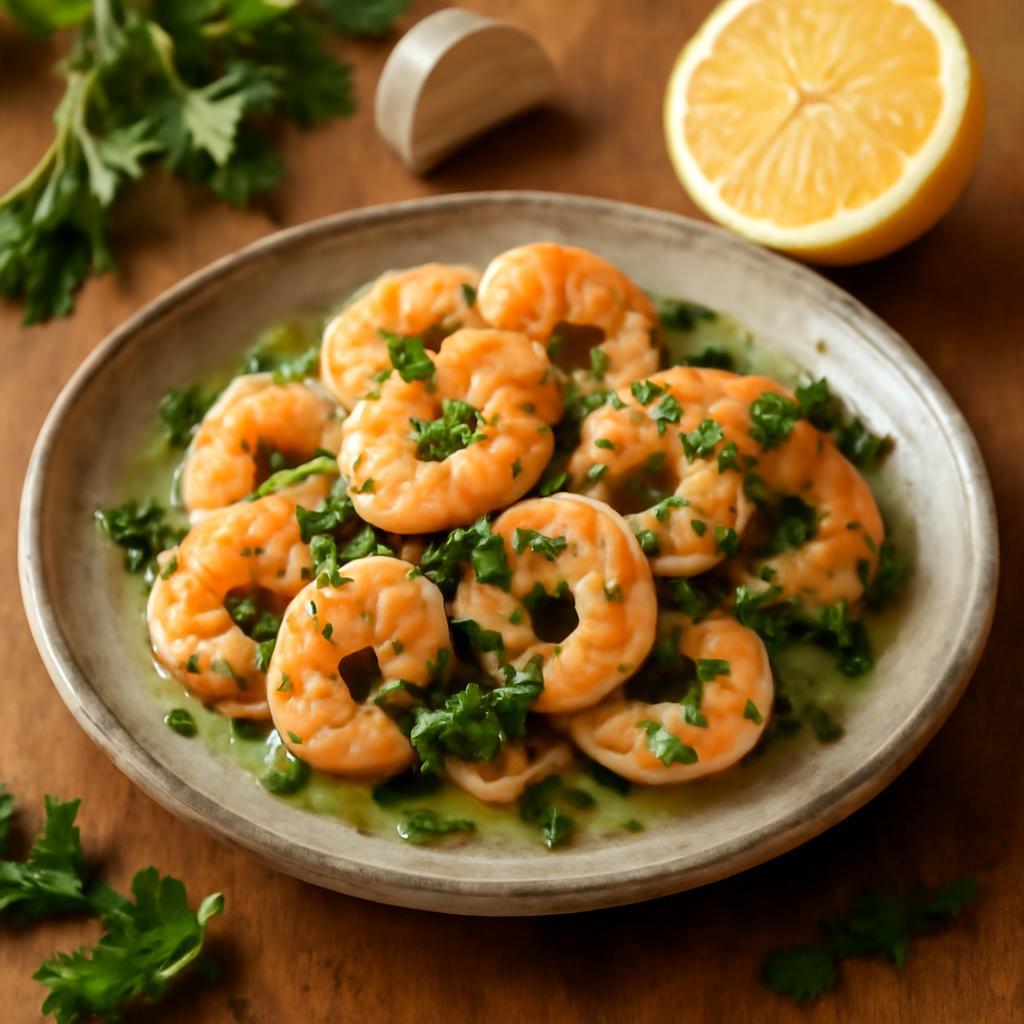 Crevettes sautées à l'ail et au persil, servies à l'assiette