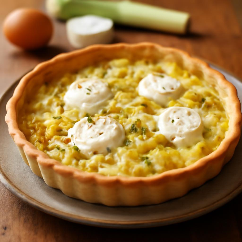 Part de quiche aux poireaux et chèvre, dorée au four