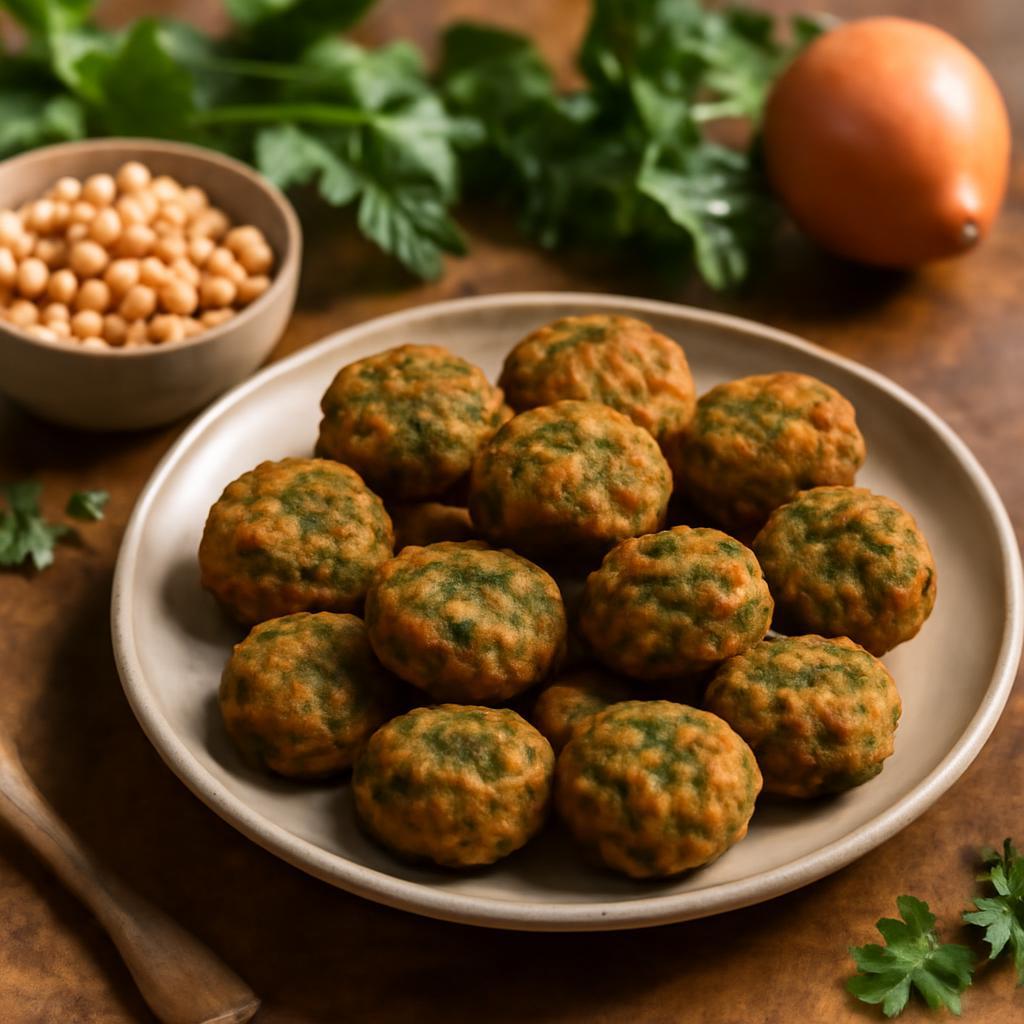 Falafels dorés aux pois chiches, servis avec des herbes fraîches