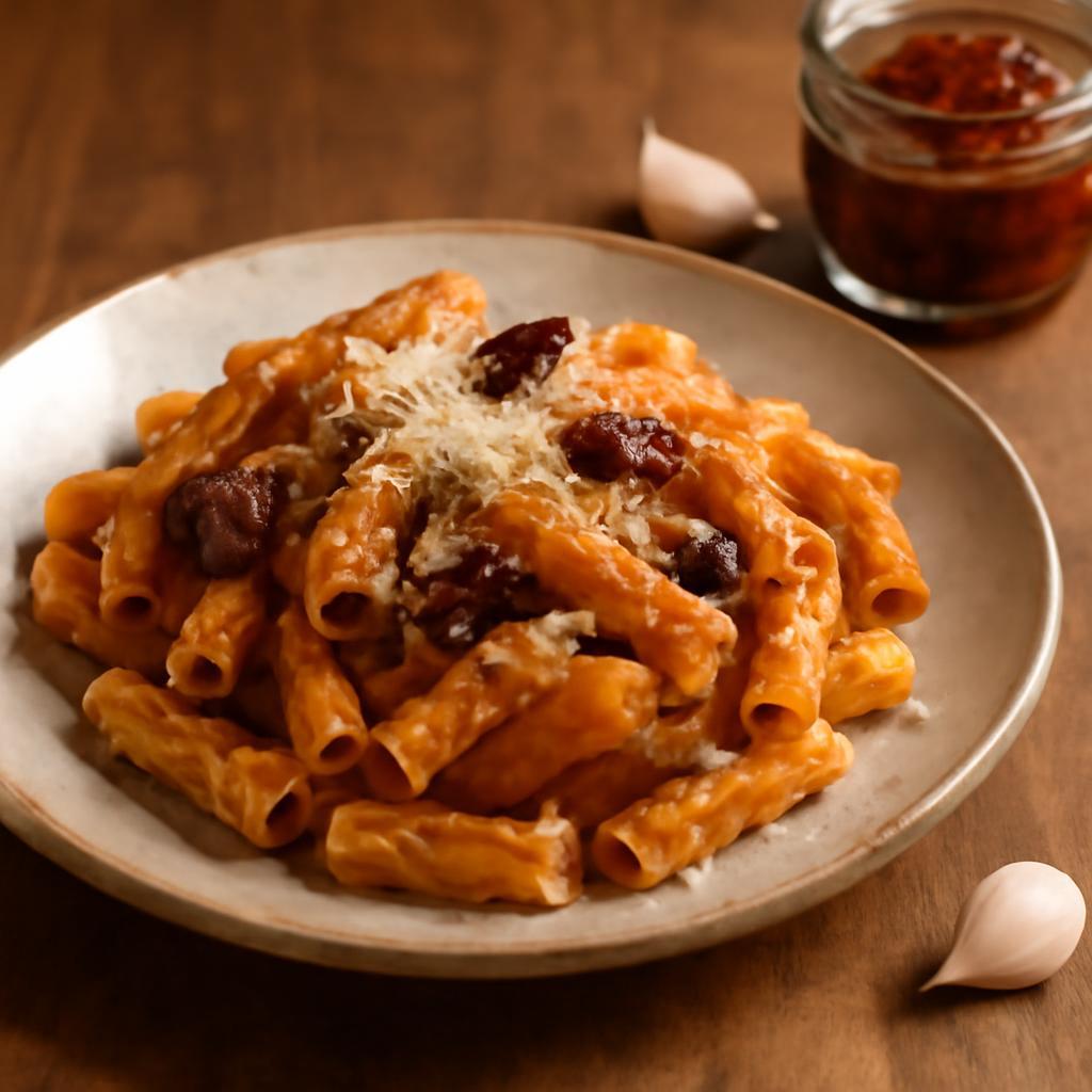Assiette de pâtes nappées de pesto rosso