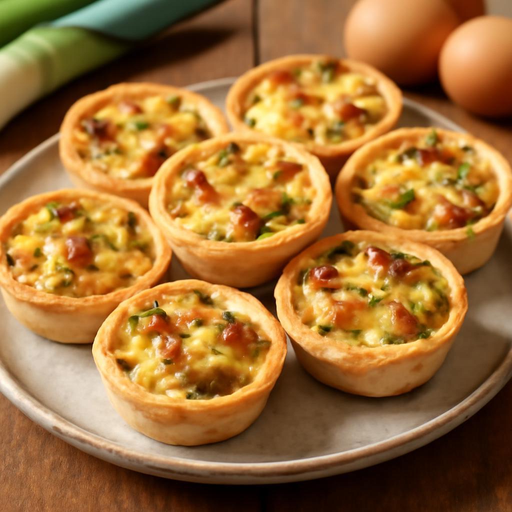 Mini-quiches dorées aux poireaux et lardons présentées en entrée