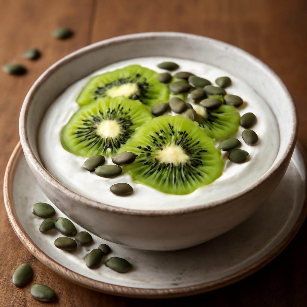 Bol de yaourt grec garni de kiwi et de graines de courge
