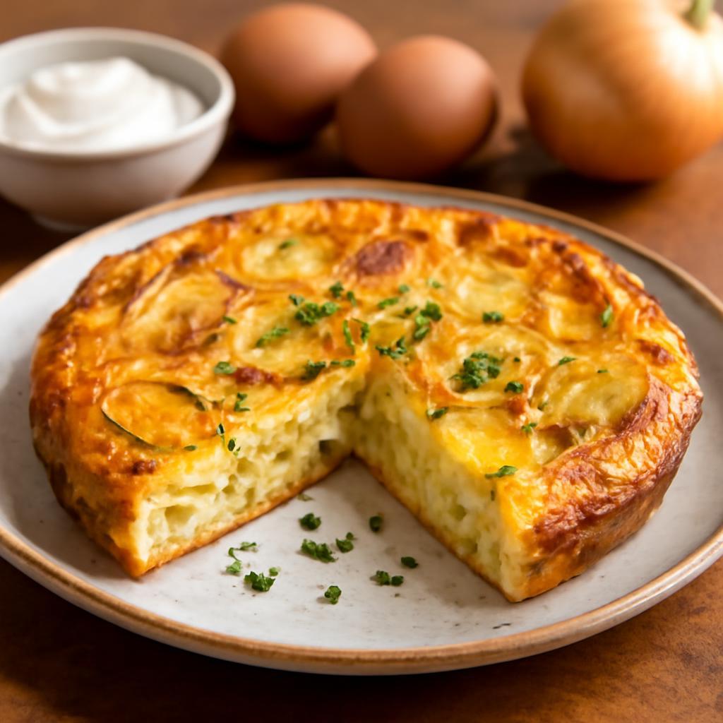 Frittata aux pommes de terre et oignons, coupée en parts